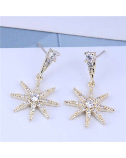 Cubic Zirconia Embellished Shining Star Dangling Design High Fashion Women Earrings - Gold