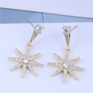 Cubic Zirconia Embellished Shining Star Dangling Design High Fashion Women Earrings - Gold