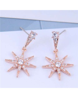 Cubic Zirconia Embellished Shining Star Dangling Design High Fashion Women Earrings - Rose Gold