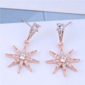 Cubic Zirconia Embellished Shining Star Dangling Design High Fashion Women Earrings - Rose Gold