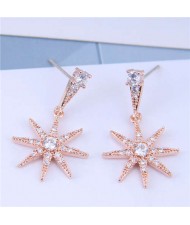 Cubic Zirconia Embellished Shining Star Dangling Design High Fashion Women Earrings - Rose Gold