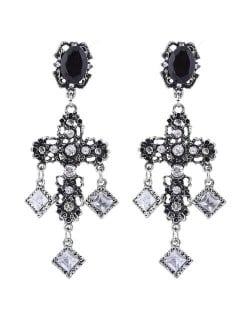 Rhinestone Embellished Vintage Style Bold Cross Women Alloy Earrings - Silver