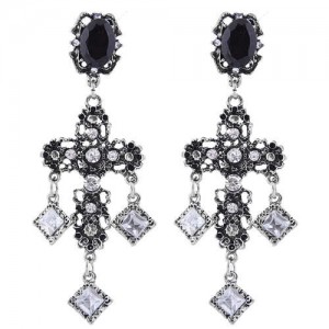 Rhinestone Embellished Vintage Style Bold Cross Women Alloy Earrings - Silver
