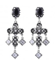 Rhinestone Embellished Vintage Style Bold Cross Women Alloy Earrings - Silver