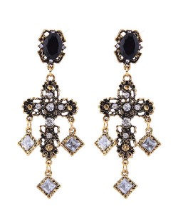 Rhinestone Embellished Vintage Style Bold Cross Women Alloy Earrings - Golden