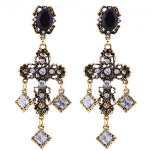Rhinestone Embellished Vintage Style Bold Cross Women Alloy Earrings - Golden