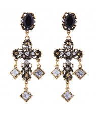Rhinestone Embellished Vintage Style Bold Cross Women Alloy Earrings - Golden