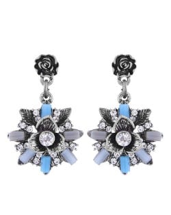 Rhinestone Decorated Vintage Flower Design High Fashion Women Earrings - Silver