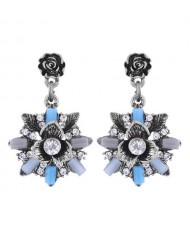 Rhinestone Decorated Vintage Flower Design High Fashion Women Earrings - Silver