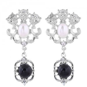 Lions Heads Design Golden Royal Fashion Dangling Bead Women Earrings - Silver