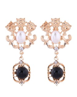 Lions Heads Design Golden Royal Fashion Dangling Bead Women Earrings - Golden