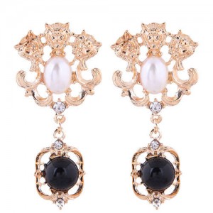 Lions Heads Design Golden Royal Fashion Dangling Bead Women Earrings - Golden