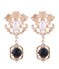 Lions Heads Design Golden Royal Fashion Dangling Bead Women Earrings - Golden