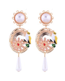 Night Owl and Flower Design Dangling Tassel Women Statement Fashion Earrings - Golden