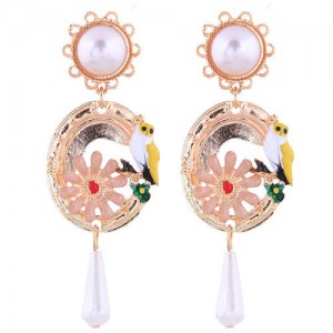 Night Owl and Flower Design Dangling Tassel Women Statement Fashion Earrings - Golden