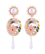 Night Owl and Flower Design Dangling Tassel Women Statement Fashion Earrings - Golden