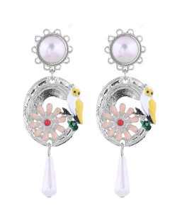 Night Owl and Flower Design Dangling Tassel Women Statement Fashion Earrings - Silver