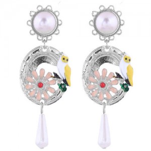Night Owl and Flower Design Dangling Tassel Women Statement Fashion Earrings - Silver
