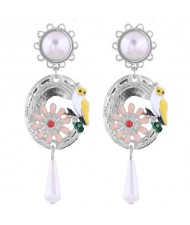 Night Owl and Flower Design Dangling Tassel Women Statement Fashion Earrings - Silver