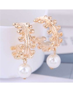 Dangling Pearl Semi-circle Braid Design Women Fashion Earrings - Golden