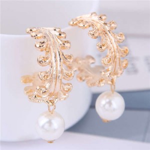 Dangling Pearl Semi-circle Braid Design Women Fashion Earrings - Golden