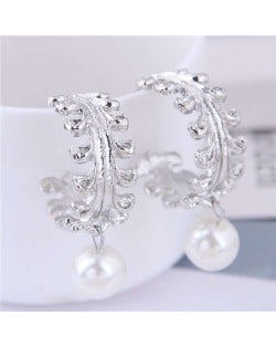Dangling Pearl Semi-circle Braid Design Women Fashion Earrings - Silver