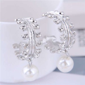 Dangling Pearl Semi-circle Braid Design Women Fashion Earrings - Silver