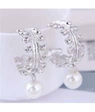 Dangling Pearl Semi-circle Braid Design Women Fashion Earrings - Silver