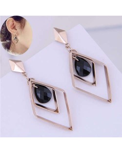 Dangling Bead Inlaid Rhombus Shape Korean Fashion Women Earrings - Golden