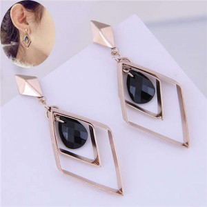 Dangling Bead Inlaid Rhombus Shape Korean Fashion Women Earrings - Golden