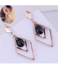 Dangling Bead Inlaid Rhombus Shape Korean Fashion Women Earrings - Golden