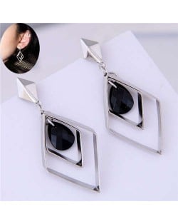 Dangling Bead Inlaid Rhombus Shape Korean Fashion Women Earrings - Silver