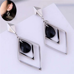 Dangling Bead Inlaid Rhombus Shape Korean Fashion Women Earrings - Silver