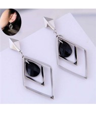 Dangling Bead Inlaid Rhombus Shape Korean Fashion Women Earrings - Silver