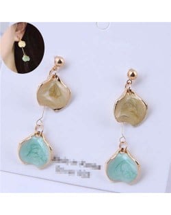 Oil-spot Glazed Dangling Flower Petals Design Women Costume Earrings - Teal