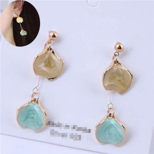 Oil-spot Glazed Dangling Flower Petals Design Women Costume Earrings - Teal