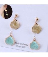Oil-spot Glazed Dangling Flower Petals Design Women Costume Earrings - Teal