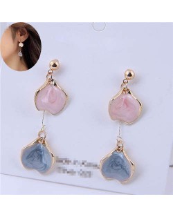 Oil-spot Glazed Dangling Flower Petals Design Women Costume Earrings - Ink Blue