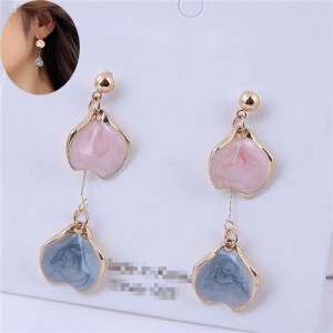 Oil-spot Glazed Dangling Flower Petals Design Women Costume Earrings - Ink Blue
