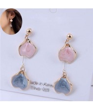 Oil-spot Glazed Dangling Flower Petals Design Women Costume Earrings - Ink Blue
