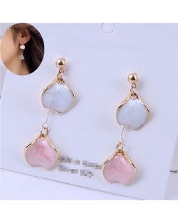 Oil-spot Glazed Dangling Flower Petals Design Women Costume Earrings - Pink