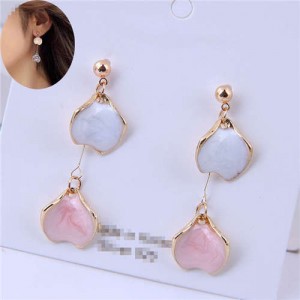 Oil-spot Glazed Dangling Flower Petals Design Women Costume Earrings - Pink