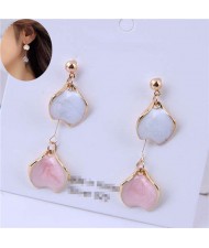 Oil-spot Glazed Dangling Flower Petals Design Women Costume Earrings - Pink
