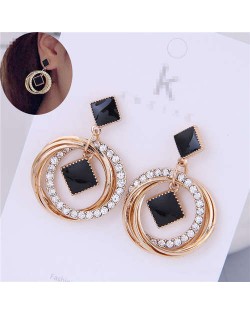 Oil-spot Glazed Black Square Inlaid Rhinestone Golden Hoops Women Earrings