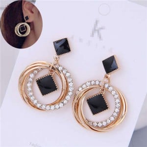 Oil-spot Glazed Black Square Inlaid Rhinestone Golden Hoops Women Earrings