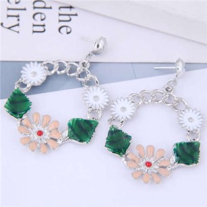 Sweet Flower Hoop Korean Fashion Alloy Women Costume Earrings - Silver
