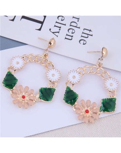 Sweet Flower Hoop Korean Fashion Alloy Women Costume Earrings - Golden