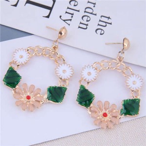 Sweet Flower Hoop Korean Fashion Alloy Women Costume Earrings - Golden