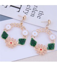 Sweet Flower Hoop Korean Fashion Alloy Women Costume Earrings - Golden