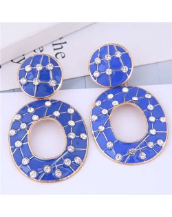 Rhinestone Embellished Oil-spot Glazed Hoop Design Women Costume Earrings - Blue